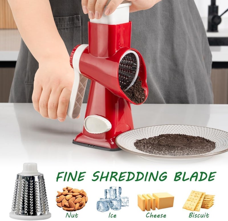 Maxceysen 3 in 1 Manual Vegetable Cutter Machine with Stainless Steel Changeable Blades Rotary Cheese Grater Kitchen Tool Potato Slicer Shredder Nuts Chocolate Chopper (Red white) - Image 4
